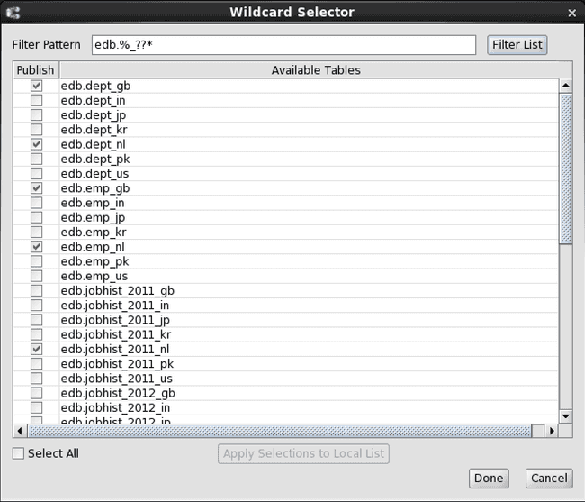 Display selected and unselected tables matching the filter pattern