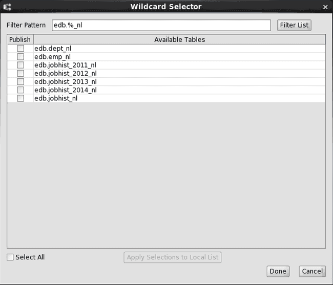 Tables matching a second filter pattern