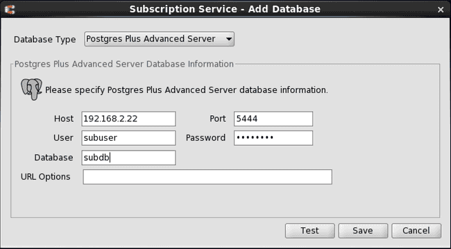 Subscription Service - Add Database dialog box