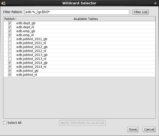 Local list includes selected tables from the calling dialog box table list