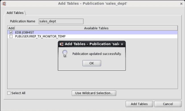 Successfully added tables to publication