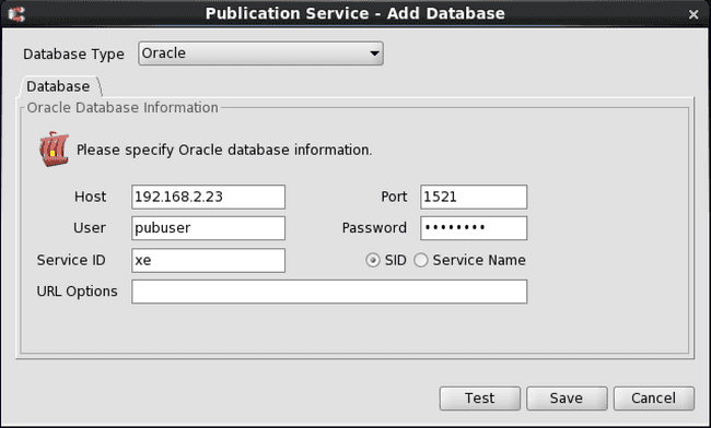 Publication Service - Add Database dialog box