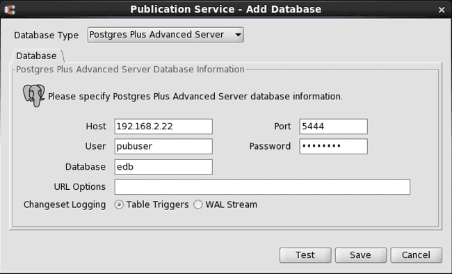 Publication Service - Add Database dialog box for Postgres