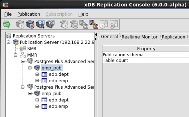 Selecting a publication on which to view replication history